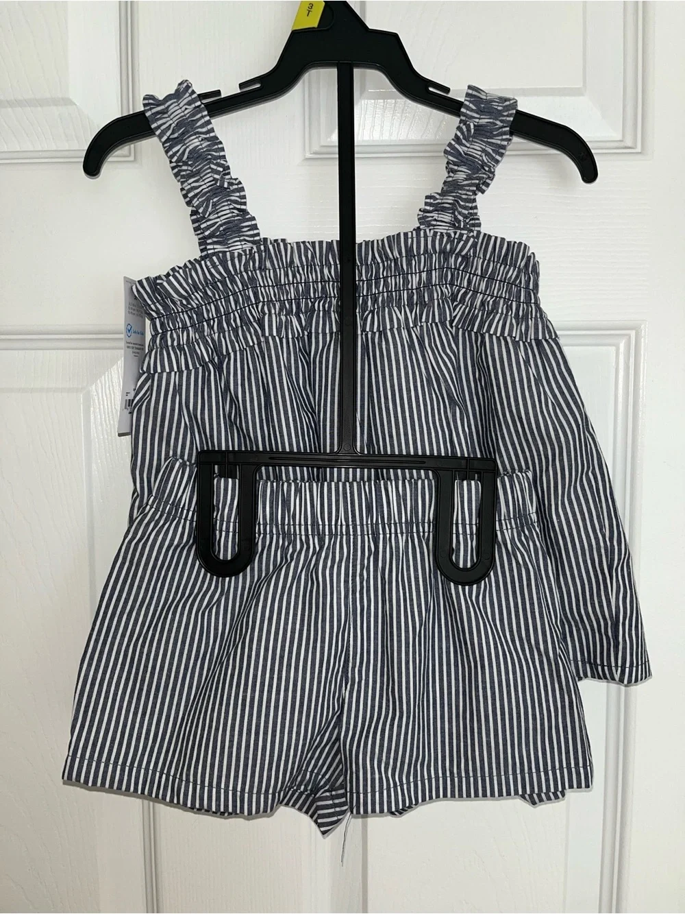 child of mine Navy and White Striped Ruffle Strap Tank with Red Cherry